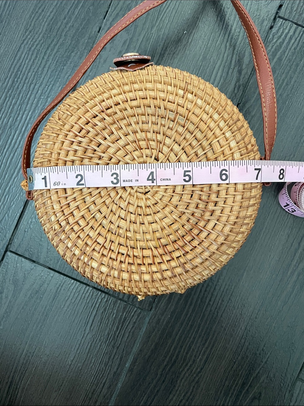 Round Woven Crossbody Bag in Natural Brown - Picture 5 of 6